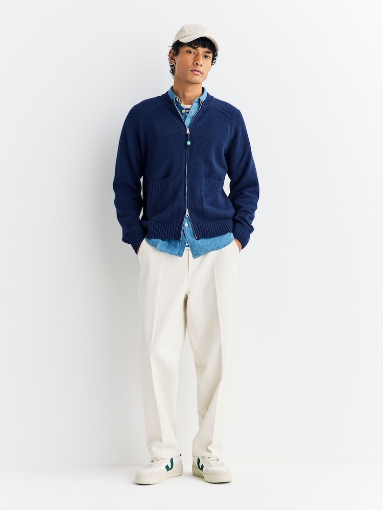Folk Blue Pointelle Knit Zip Bomber Cardigan - Image 2 of 10