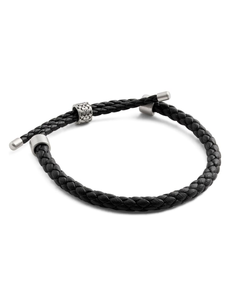 COACH Black Mens Sterling Silver Signature Leather Braided Slider Bracelet - Image 1 of 2