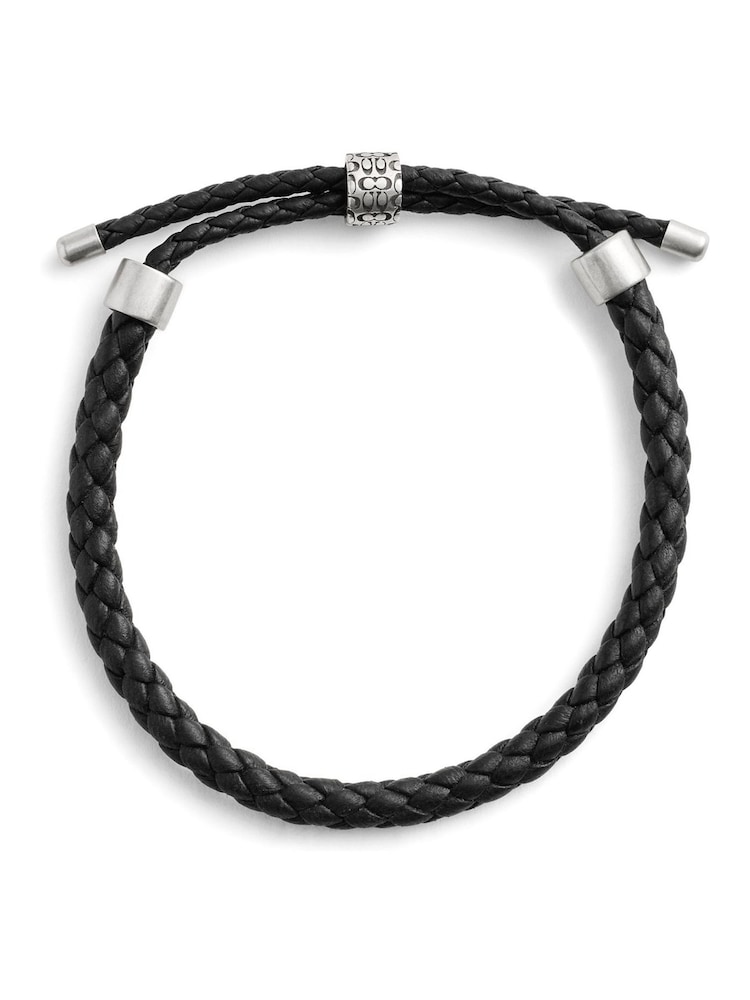 COACH Black Mens Sterling Silver Signature Leather Braided Slider Bracelet - Image 2 of 2