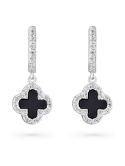 Beaverbrooks Sterling Silver Cubic Zirconia Onyx Clover Hoop Earrings - Image 1 of 4