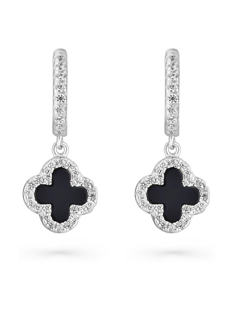 Beaverbrooks Sterling Silver Cubic Zirconia Onyx Clover Hoop Earrings - Image 1 of 4 Beaverbrooks Sterling Silver Cubic Zirconia Onyx Clover Hoop Earrings - Image 1 of 4