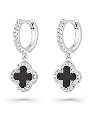 Beaverbrooks Sterling Silver Cubic Zirconia Onyx Clover Hoop Earrings - Image 2 of 4