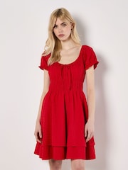 Apricot Red Eyelet Embroidered Milkmaid 100% Cotton Dress - Image 1 of 4