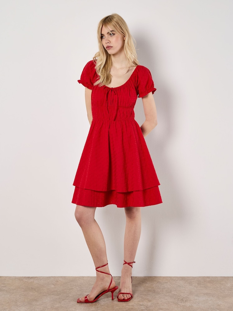 Apricot Red Eyelet Embroidered Milkmaid 100% Cotton Dress - Image 2 of 4