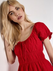 Apricot Red Eyelet Embroidered Milkmaid 100% Cotton Dress - Image 3 of 4