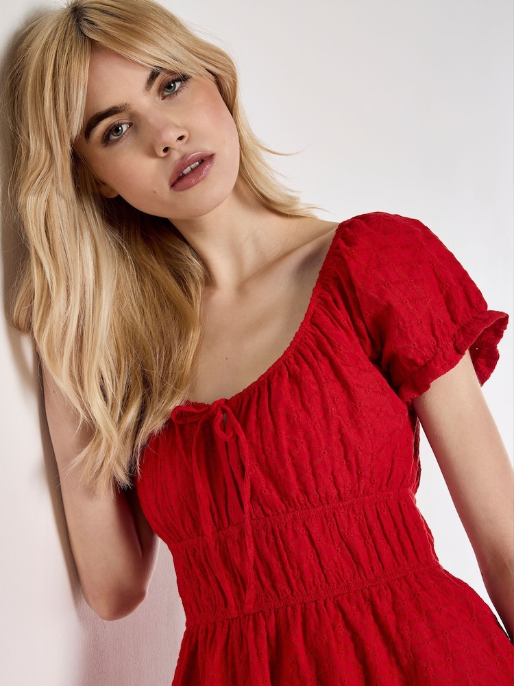 Apricot Red Eyelet Embroidered Milkmaid 100% Cotton Dress - Image 3 of 4