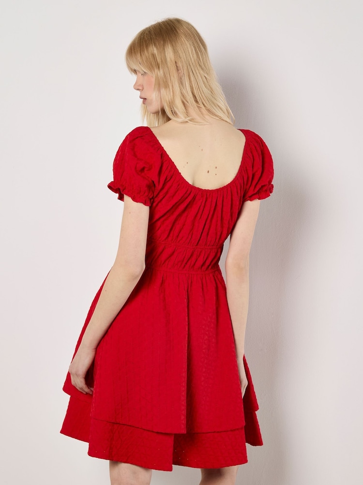 Apricot Red Eyelet Embroidered Milkmaid 100% Cotton Dress - Image 4 of 4