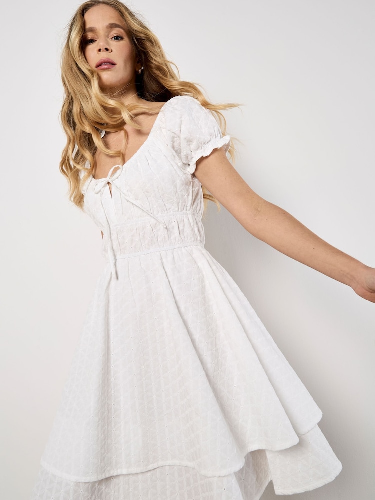 Apricot White Eyelet Embroidered Milkmaid 100% Cotton Dress - Image 1 of 4