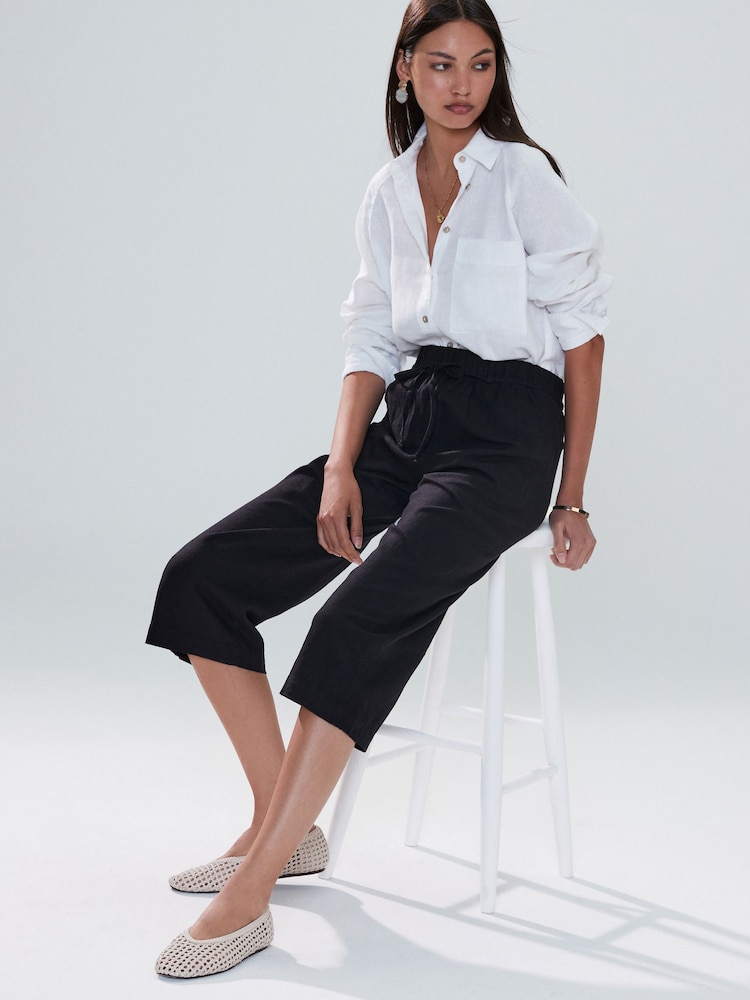 Black Tie Waist Linen Blend Culottes - Image 2 of 9