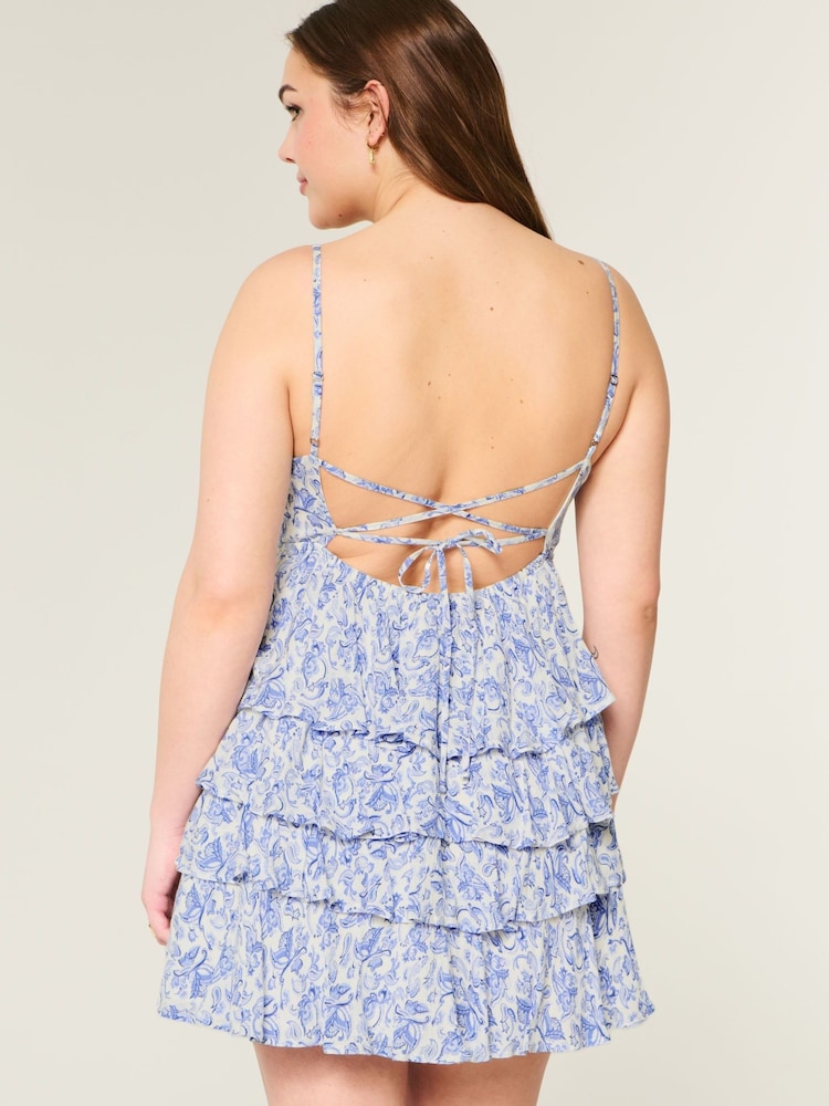 Hollister Blue V-Neck Open Back Ruffle Babydoll Mini Dress - Image 2 of 4