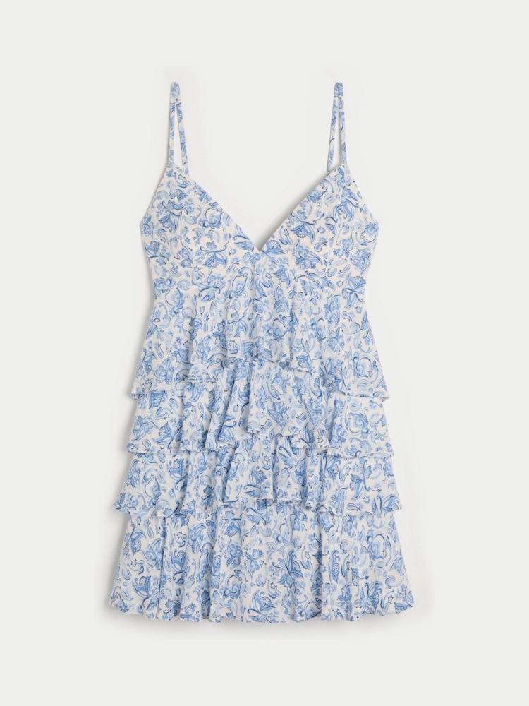 Hollister Blue V-Neck Open Back Ruffle Babydoll Mini Dress - Image 4 of 4