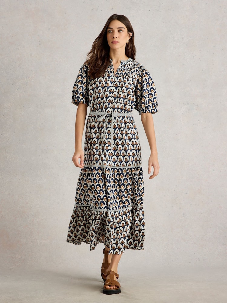 White Stuff Blue Ariel Tiered Woven 100% Organic Cotton Dress - Image 2 of 7