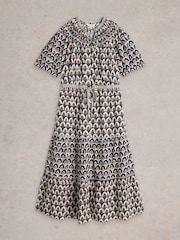 White Stuff Blue Ariel Tiered Woven 100% Organic Cotton Dress - Image 6 of 7