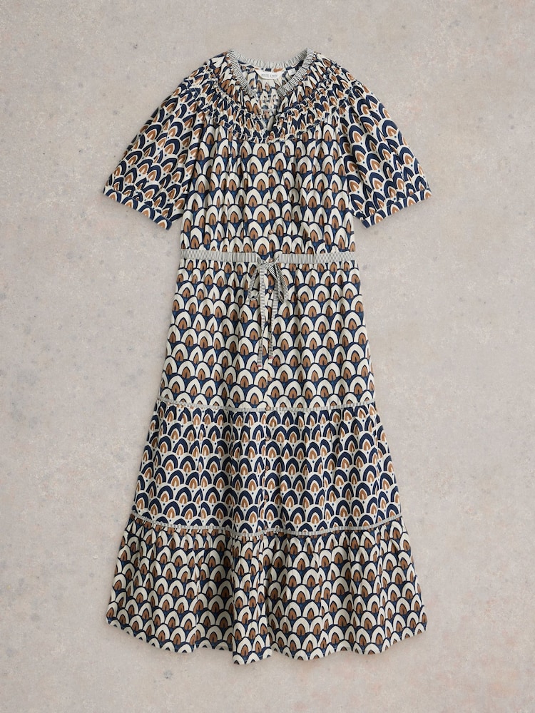 White Stuff Blue Ariel Tiered Woven 100% Organic Cotton Dress - Image 6 of 7
