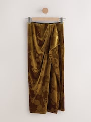 Ochre Yellow Embossed Velvet Draped Midi Skirt - Image 1 of 3
