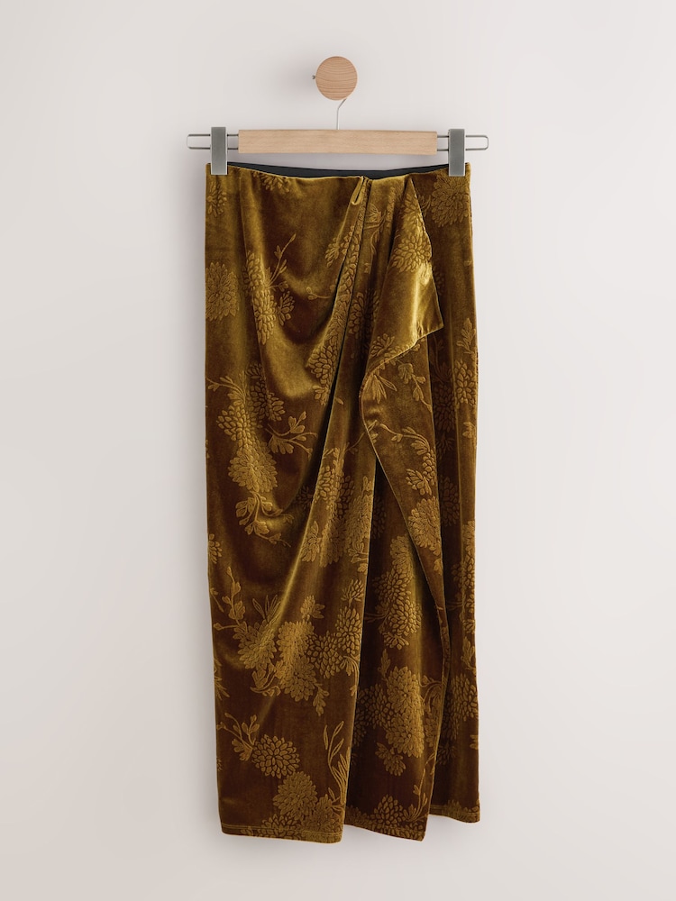 Ochre Yellow Embossed Velvet Draped Midi Skirt - Image 1 of 3 Ochre Yellow Embossed Velvet Draped Midi Skirt - Image 1 of 3