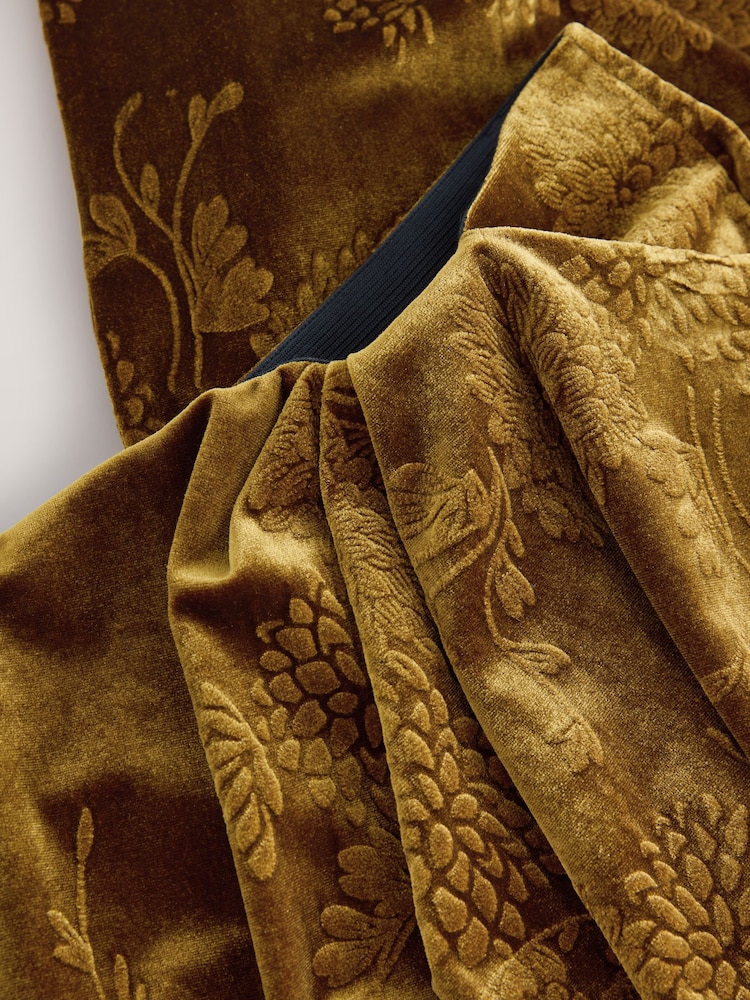 Ochre Yellow Embossed Velvet Draped Midi Skirt - Image 3 of 3 Ochre Yellow Embossed Velvet Draped Midi Skirt - Image 3 of 3