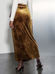 Ochre Yellow Embossed Velvet Draped Midi Skirt - Image 4 of 8