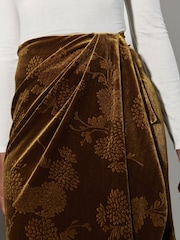 Ochre Yellow Embossed Velvet Draped Midi Skirt - Image 5 of 8