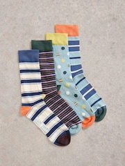 White Stuff Blue Geo Stripe Ankle Socks 4 Pack - Image 1 of 4