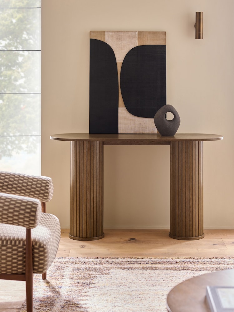 Dark Natural Hyde Oak Veneer Tambour Console Table - Image 1 of 8 Dark Natural Hyde Oak Veneer Tambour Console Table - Image 1 of 8
