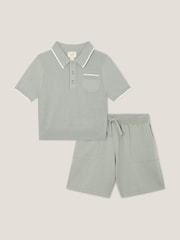 Monsoon Green Knitted 100% Cotton Polo Shirt and Shorts Set - Image 1 of 3