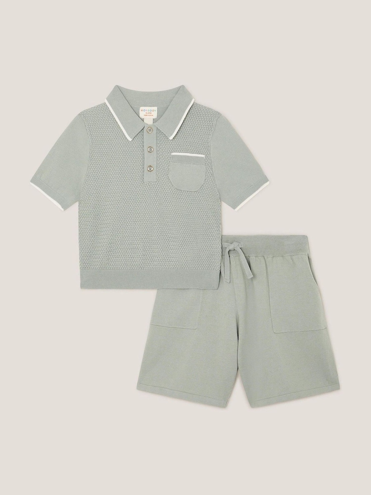 Monsoon Green Knitted 100% Cotton Polo Shirt and Shorts Set - Image 1 of 3