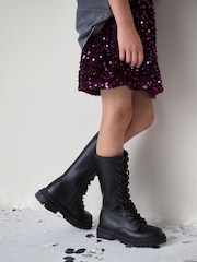 Black Lace up Knee High Boots - Image 1 of 7