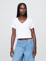 Gap White Linen-Blend Cropped V Neck T-Shirt - Image 1 of 5