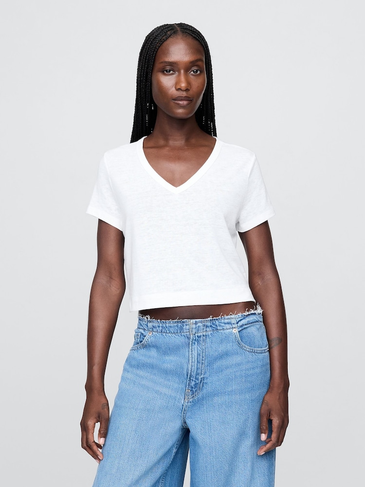 Gap White Linen-Blend Cropped V Neck T-Shirt - Image 1 of 5