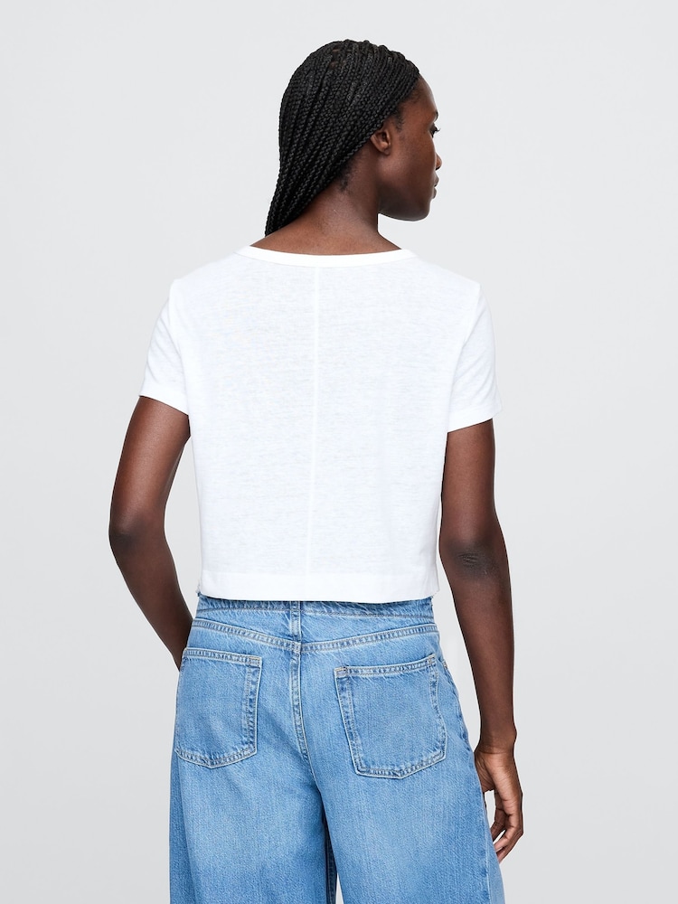 Gap White Linen-Blend Cropped V Neck T-Shirt - Image 2 of 5
