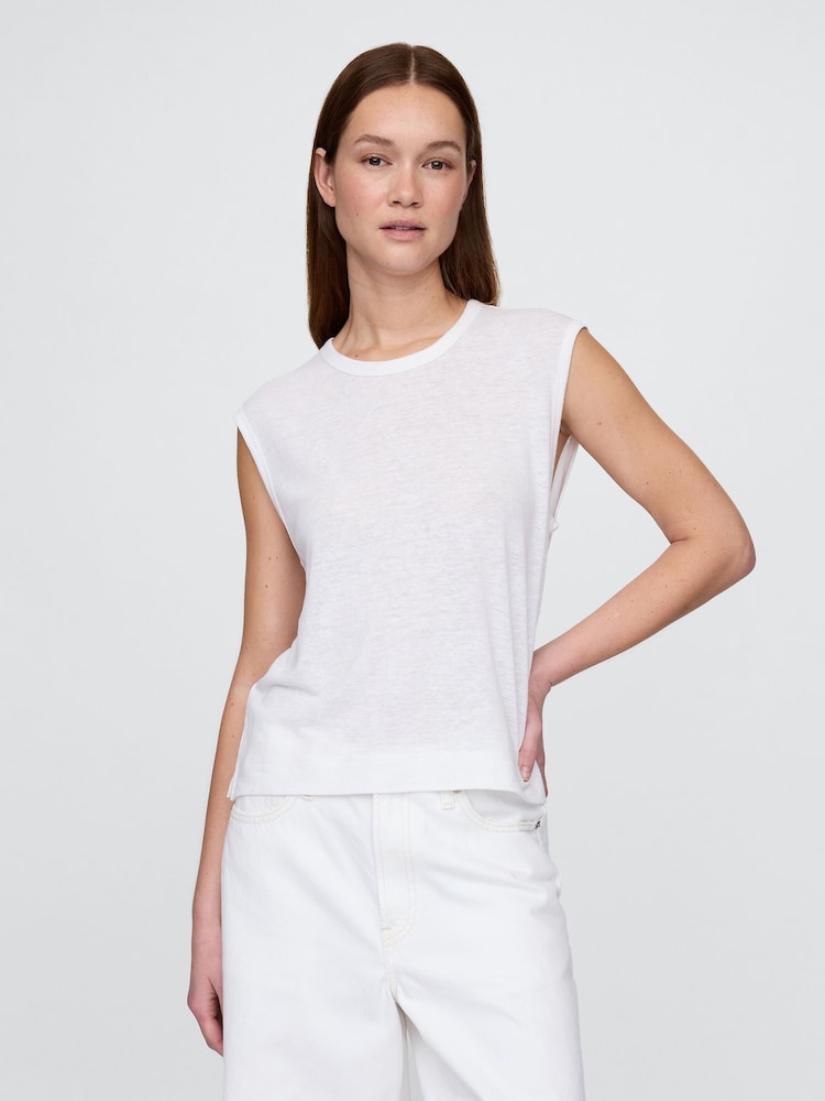 Gap White Linen-Blend Crew Neck Shell T-Shirt - Image 1 of 5