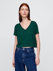 Gap Dark Green Linen-Blend Cropped V Neck T-Shirt - Image 1 of 5