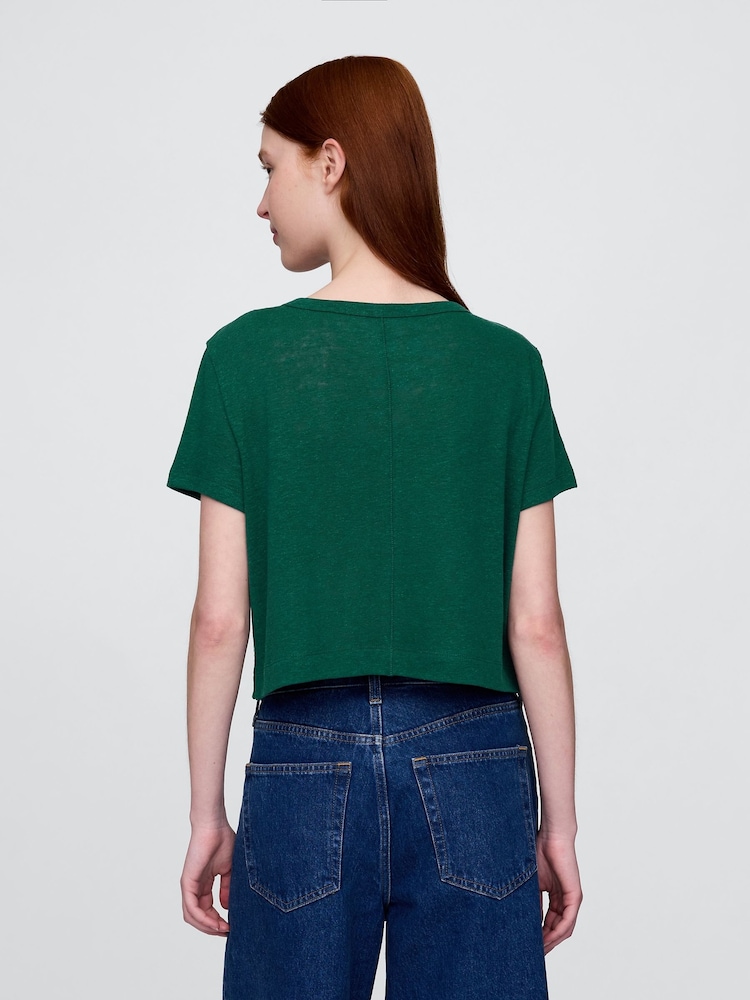 Gap Dark Green Linen-Blend Cropped V Neck T-Shirt - Image 2 of 5