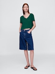 Gap Dark Green Linen-Blend Cropped V Neck T-Shirt - Image 3 of 5