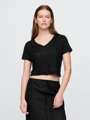 Gap Black Linen-Blend Cropped V Neck T-Shirt - Image 1 of 5