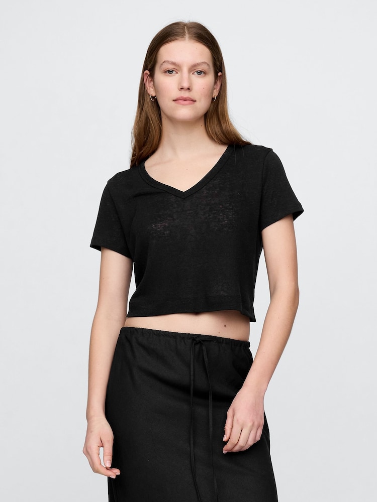 Gap Black Linen-Blend Cropped V Neck T-Shirt - Image 1 of 5