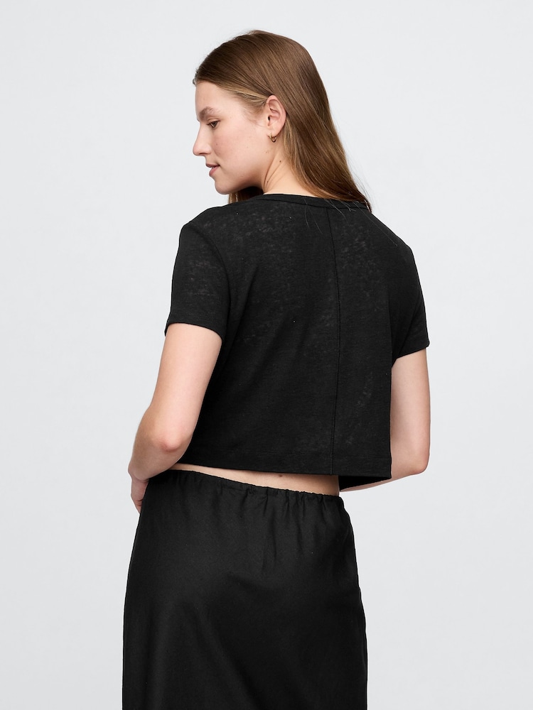 Gap Black Linen-Blend Cropped V Neck T-Shirt - Image 2 of 5