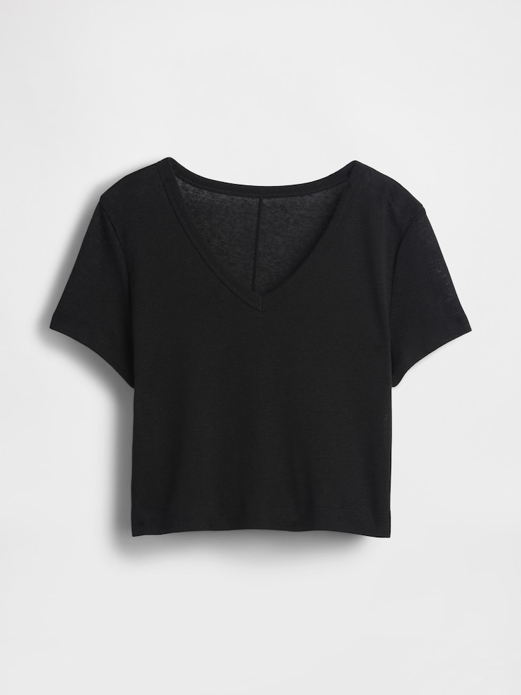 Gap Black Linen-Blend Cropped V Neck T-Shirt - Image 5 of 5