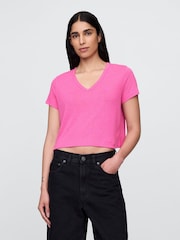 Gap Pink Linen-Blend Cropped V Neck T-Shirt - Image 1 of 5
