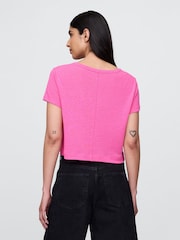 Gap Pink Linen-Blend Cropped V Neck T-Shirt - Image 2 of 5