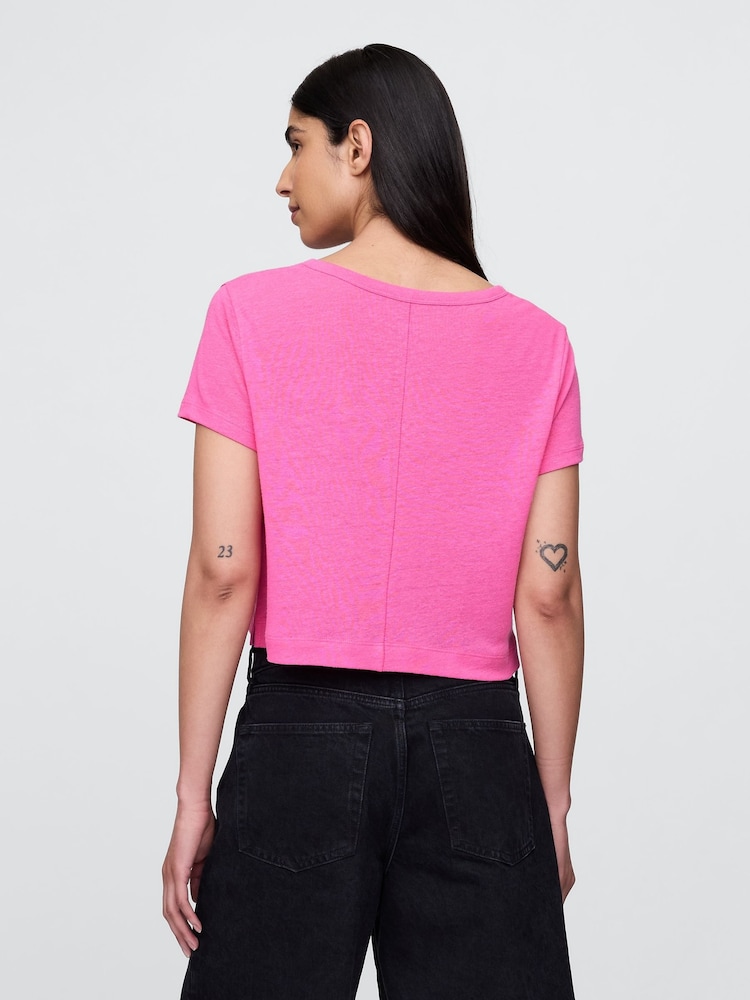Gap Pink Linen-Blend Cropped V Neck T-Shirt - Image 2 of 5