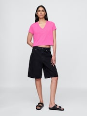 Gap Pink Linen-Blend Cropped V Neck T-Shirt - Image 3 of 5