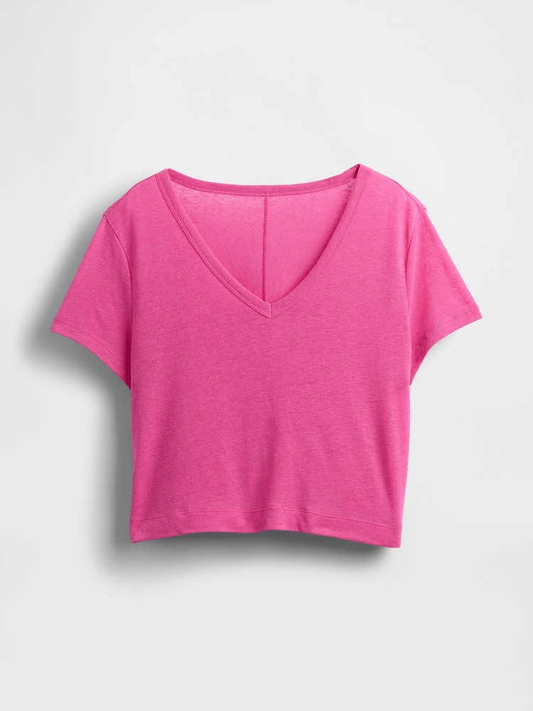 Gap Pink Linen-Blend Cropped V Neck T-Shirt - Image 5 of 5