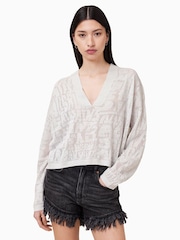 AllSaints White Kaito V-Neck Jumper - Image 1 of 7