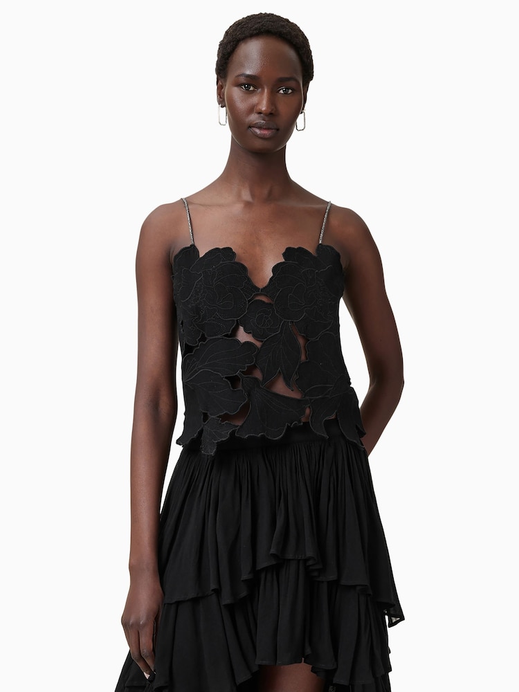 AllSaints Black Floral Print Embroidery 100% Organic Cotton Top - Image 2 of 9