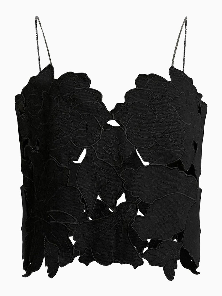 AllSaints Black Floral Print Embroidery 100% Organic Cotton Top - Image 9 of 9