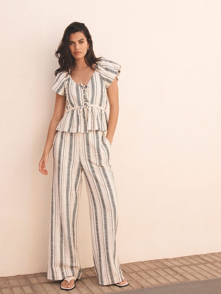 Mint Velvet White 100% Cotton Striped Wide Trousers - Image 1 of 6