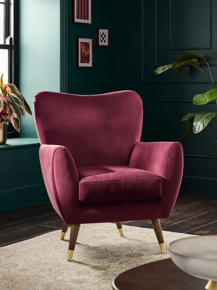 Soft Velvet Cranberry Red Wilson Highback Armchair - Image 1 of 11 Soft Velvet Cranberry Red Wilson Highback Armchair - Image 1 of 11