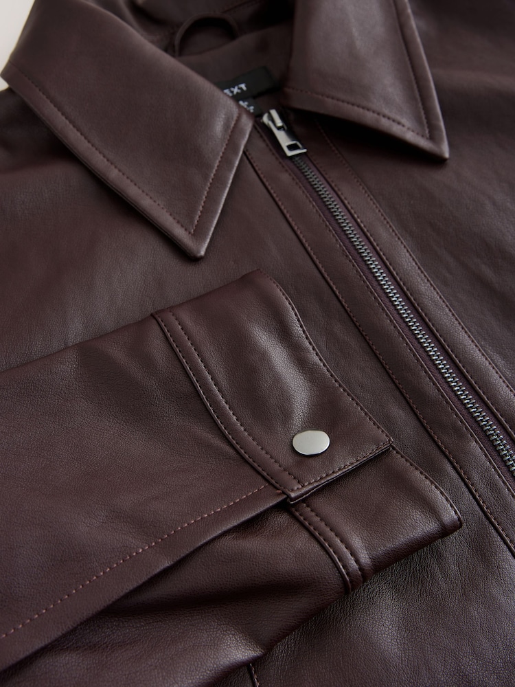 Chocolate Brown Faux Leather Zip Through Jacket - Image 14 of 14 Chocolate Brown Faux Leather Zip Through Jacket - Image 14 of 14